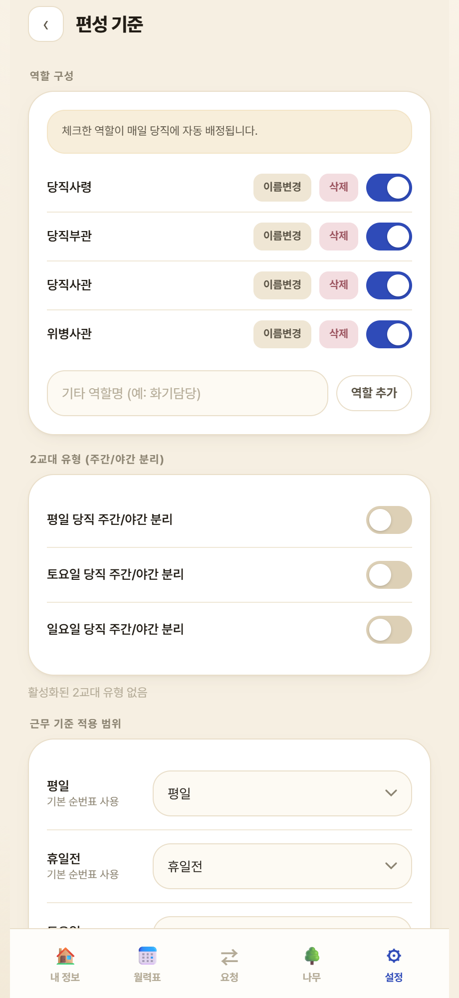 역할 구성·2교대·근무 기준